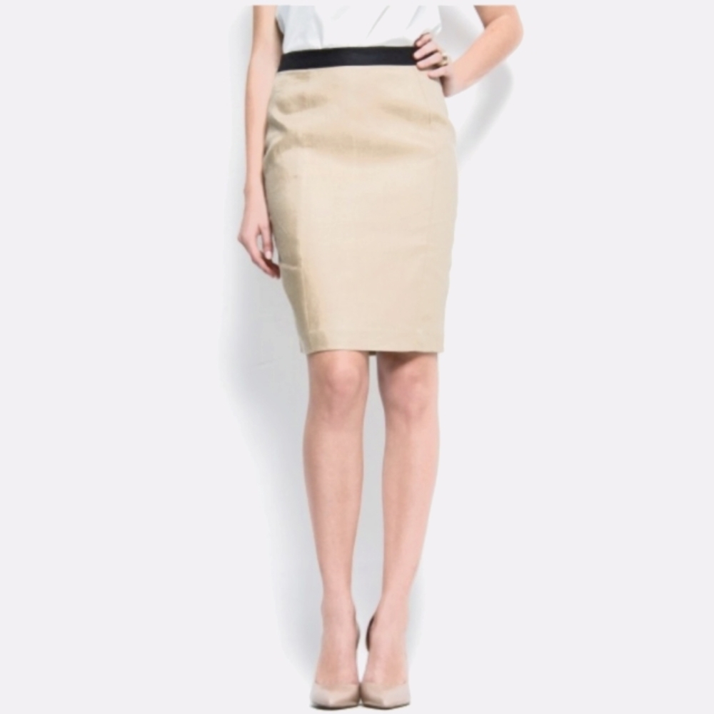 Mango Suit Tonal Herringbone Knee-length Linen Pencil Skirt Cream & Black Sz 10